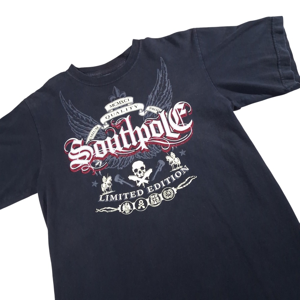 Southpole Mens Graphic T-Shirt Black Limited Edition Skull Wings Size L 16-18